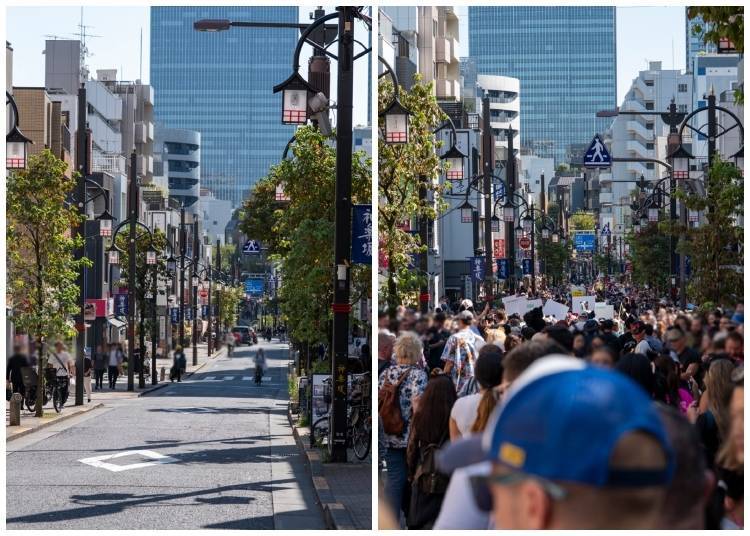 คางุราซากะก่อนและระหว่างเทศกาลบาเคเนโกะ (เครดิตภาพ: Timothy Sullivan/LIVE JAPAN)