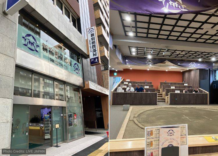 Building entrance with sumo show signboard (left) and the stadium-style seating view (right) (Photos: LIVE JAPAN)