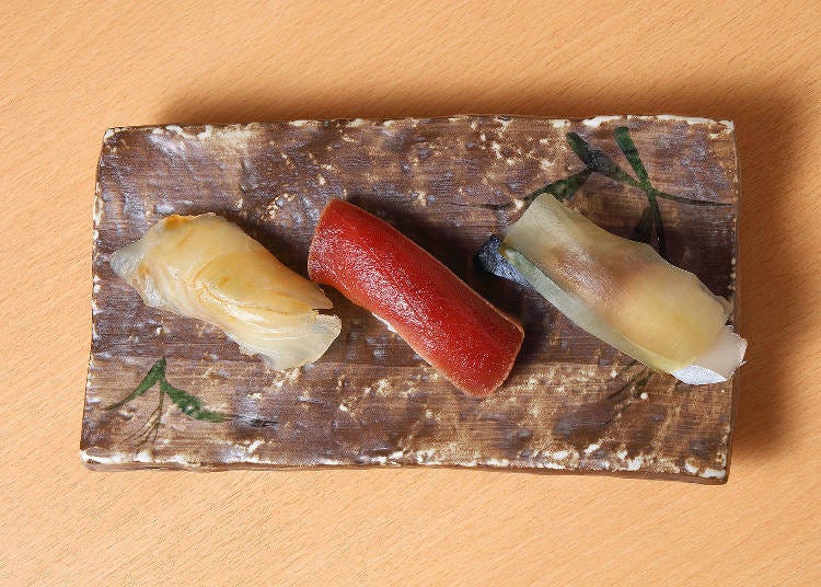 From the left: flounder with kelp, pickled tuna, and mackerel with kelp.