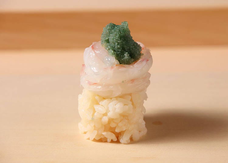 A very novel botan shrimp hand roll. They've even obtained a design registration for this shape of sushi!