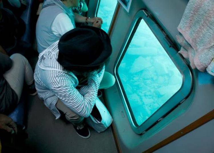 멋진 관경이 보이자 모두 배 밑의 객석에 모였다. 호수 밑 돌을 바라볼 수 있는 것은 시코츠호 호수물이 매우 투명하기 때문이다!