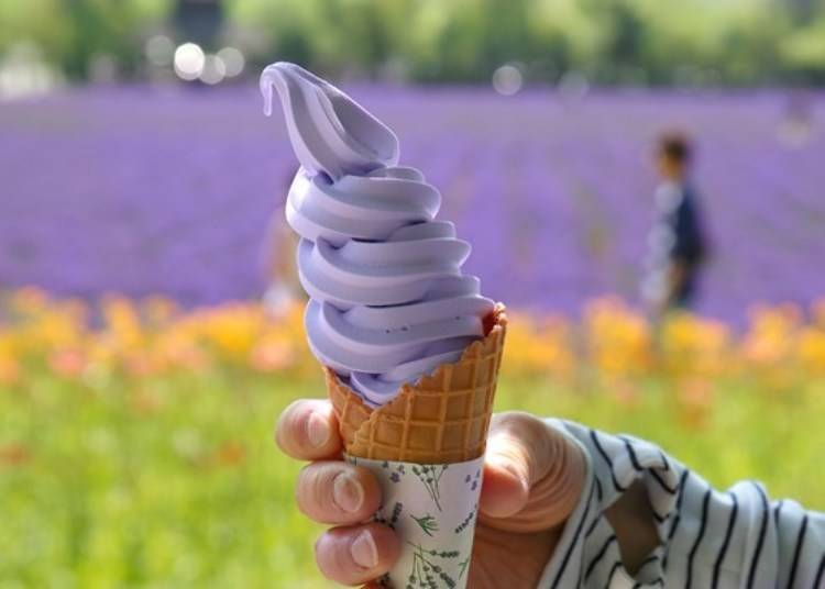 ▲Refreshing flavor & aroma! The lavender soft-serve ice cream (300 yen) is a must-taste