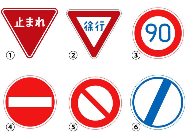 Common road signs in Japan. ① Stop. ② Slow down. ③ Speed limit of 90 km/h. ④ Do not enter this road. ⑤ Road closed to vehicles. ⑥ End of traffic restriction (e.g. end of no passing or similar)
