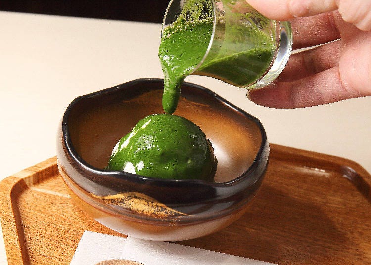 Like pouring espresso, but pouring Kintenkaku Uji Matcha on Snow Royal