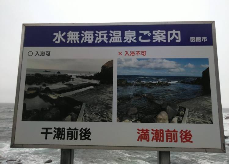 A signboard at the site illustrates the dramatic difference between low tide and high tide. On the left, during low tide, the rocky baths appear and can be used as hot springs. On the right, however, the same rocks are shown completely submerged at high tide.