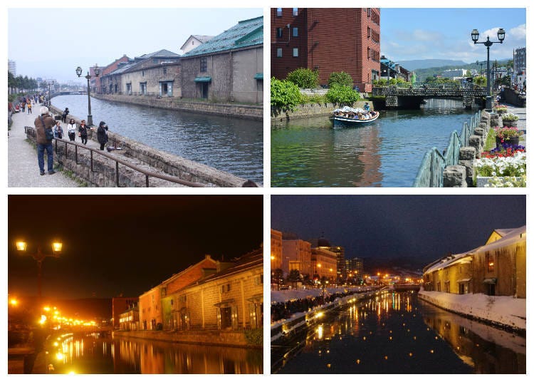 Upper left: A popular location for walking and photography.  Upper right: You can also enjoy a cruise along the canal.  Bottom left: Warehouse groups are lit up with gas lights at night.  Bottom right: The event venue of the "Otaru Snow Light Path," an event held annually in February each year in which the surface of the canal and the walking paths are decorated with candle lights.