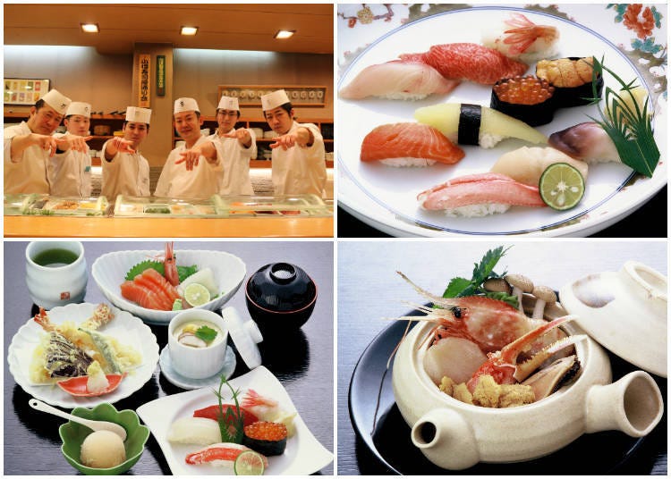 Top left: skilled sushi chefs. Top right: Otaru Nigiri, a sampling of seasonal seafood. Lower left: the Otaru Story set menu. Lower right: the popular steamed dish Dobin Mushi.