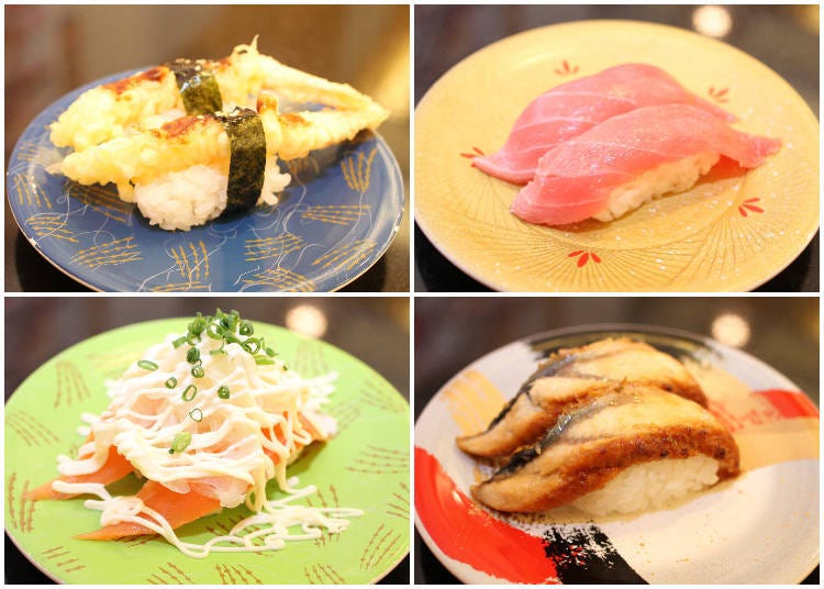A selection of dishes popular with foreign visitors. Top left: Ebiten Nigiri (266 yen); Top right: Medium Fatty Bluefin Tuna (391 yen); Lower left: Onion Salmon (194 yen); Lower right: Unagi [Eel] (443 yen)  *Prices are subject to change