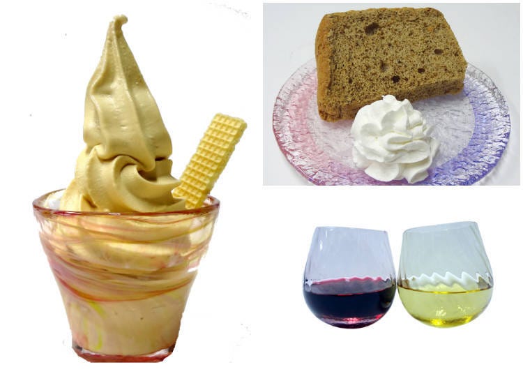 Left: Kitaichi Special Milk Tea Soft-Serve Ice Cream, Right Top: Tea flavored chiffon cake part of the tea set (720 yen) served with the Kitaichi Milk Tea, Bottom Right: wine from Otaru such as the Zweigeltrebe (red – 600 yen) and Niagara (white – 500 yen)