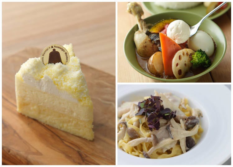 Left: the Rare Double Fromage with a special whipped cream topping made by the chef, only available in Hokkaido. Top Right: soup curry (plain). Bottom Right: Tontoro and Mushroom Fettuccine