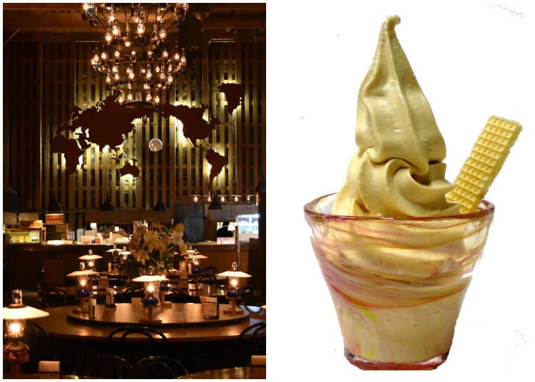 Left: The oil lamps in the hall are lit one by one starting at 8:45 every morning. Right: The popular hall item "Kita Ichi Milk Tea Soft Cream" 450 yen