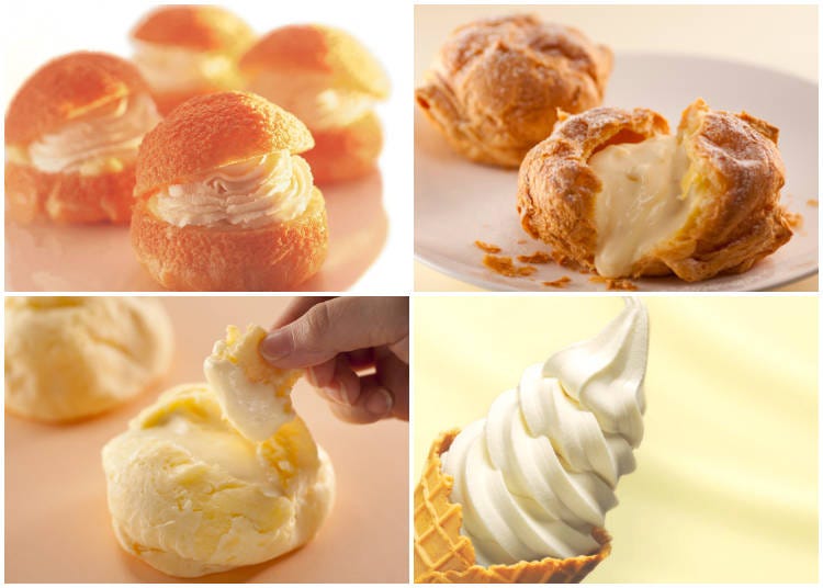 左上：ジャンボシュー 北の夢ドーム　右上：ジャンボパイシュー 夢不思議　左下：もっちり食感が特徴の「ちぎりシュー ピスコット」　右下：道産生クリームと牛乳を使用したソフトクリーム