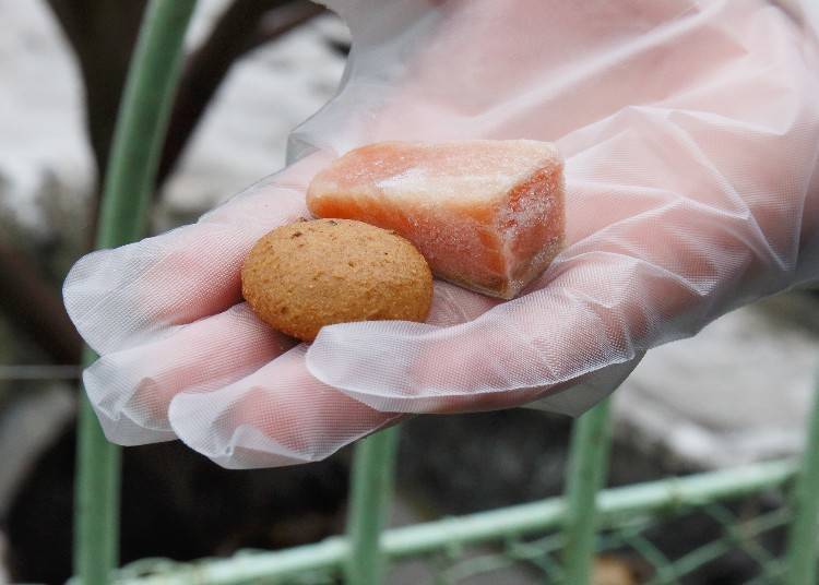 餅乾一袋100日圓、乾燥鮭魚一袋300日圓。為了避免弄髒手會提供給顧客塑膠手套。
