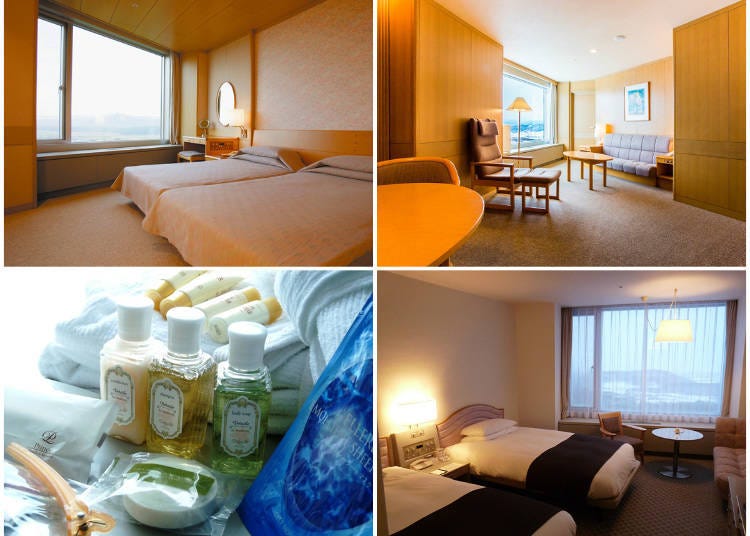 1: Comfortable and spacious suite room with breath-taking view (top 2 photos). 2: Twin room (bottom right). 3: Shampoo, toothbrushes, and other amenities are offered in every room. The suite rooms also contain ladies’ personal amenities.