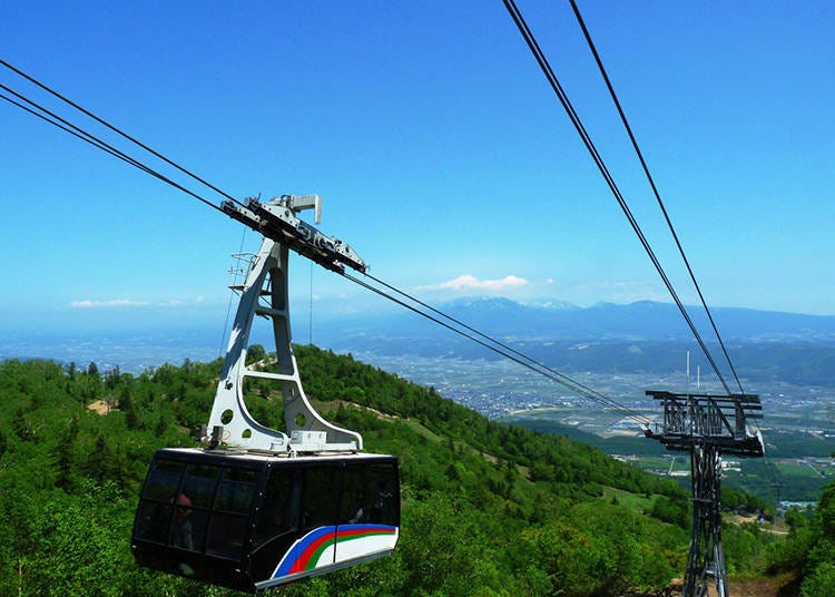 A view of the fields and Furano City, and beyond them, a massive mountain range