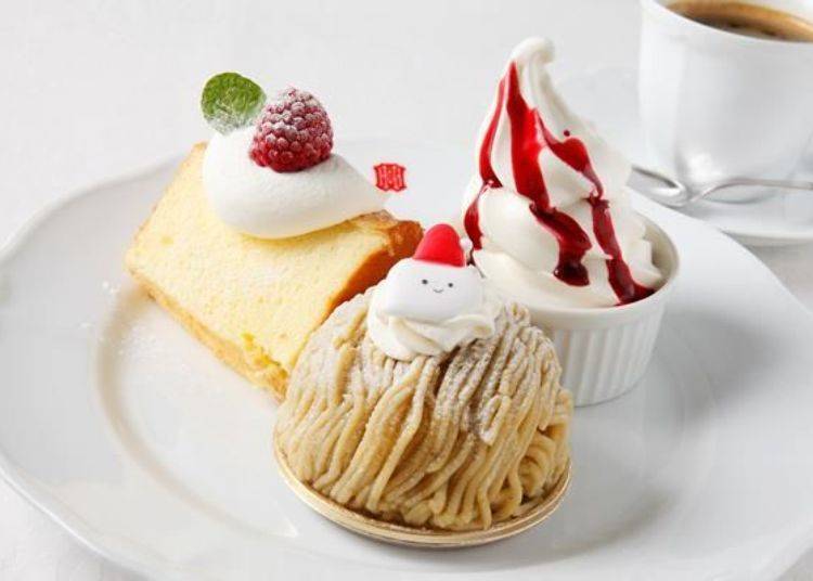 ▲Take a look at this popular "cake set" at the cafe available for 750 yen. Chiffon cake + soft cream + one cake item of your choice + one drink item.