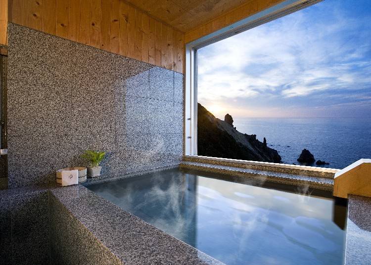 The extraordinary view from the open-air bath of the popular Seaside Room