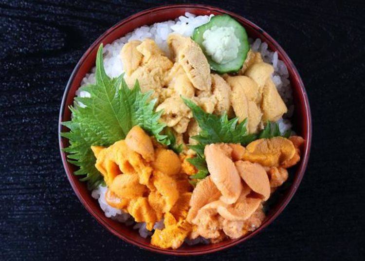 This bowl contains three types of sea urchin: female purple (pale ones at the top of the bowl), female bafun (lower right), and male bafun (left)