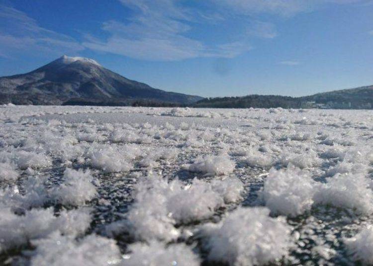在严冬（12～3月）时，结冰的湖面上会有结晶的冰霜，能欣赏景色如梦似幻的「霜花」美景。