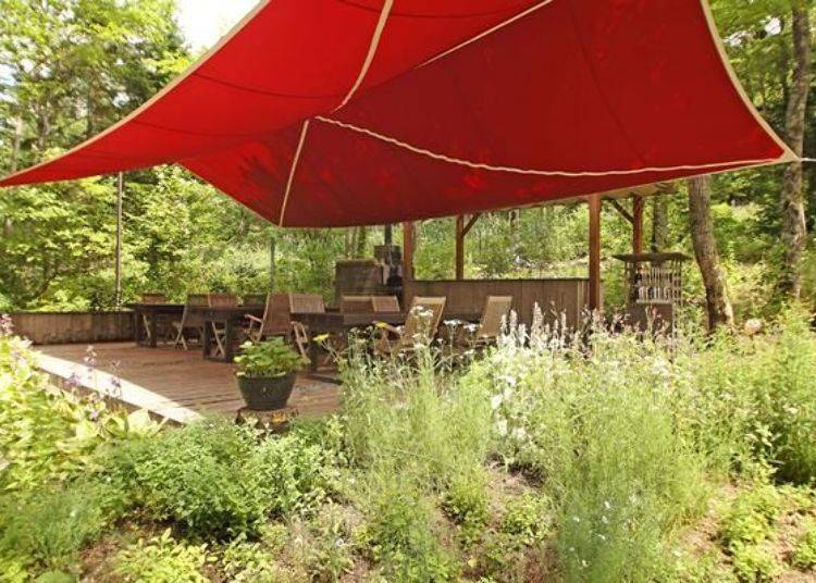 ▲Tables and chairs beneath a large canopy. A place to rest and take shelter from the sun