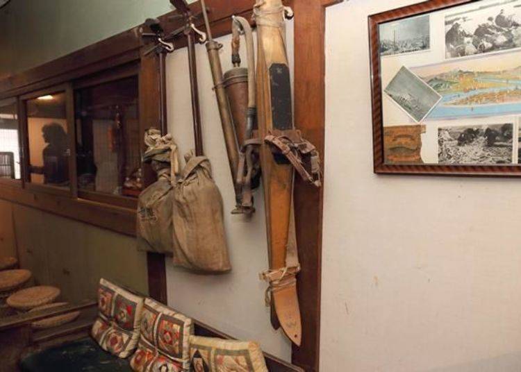 In one area of the hallway they have wooden skis and old farm tools on display