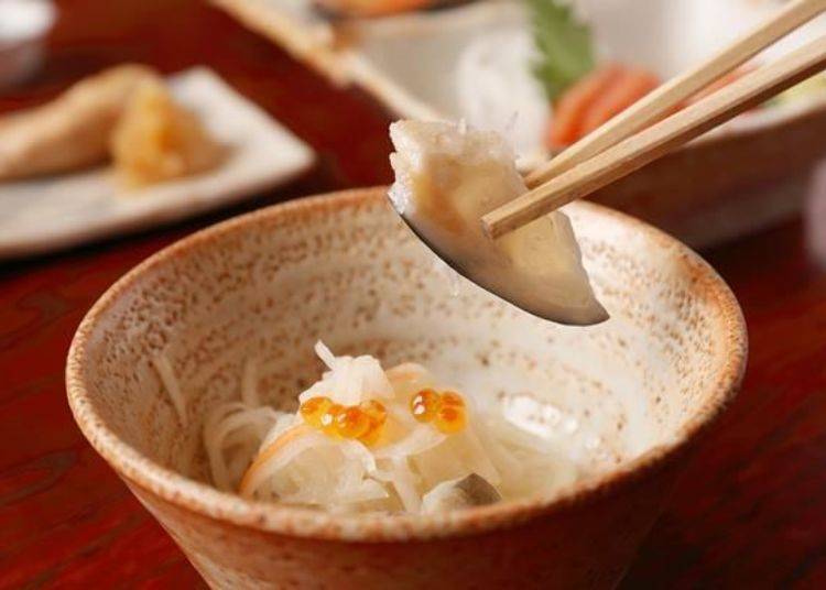 It has the crunchy cartilage texture, but also has the soft collagen feel to it. It matches the daikon pickles and has a light flavor.