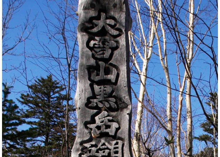 遊歩道の途中にある黒岳5合目の標柱。天然記念物のクマゲラがつついた穴が開いている
