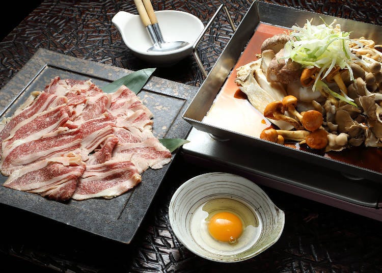 Wagyu, beef offal and mushroom sukiyaki (2,200 yen per person) *orders start from two-person portion