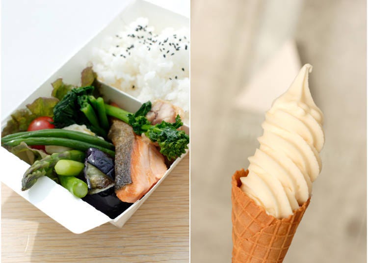 Lunch box (750 yen), filled with fresh greens. For warmer days, the soft ice cream (380 yen) is the perfect companion. (Image courtesy of Moerenuma Park)