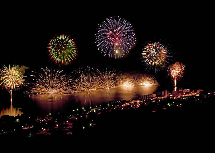 The Lake Toya Long Run Fireworks Festival as seen from the guest rooms and open-air baths of Toyako Onsen.
