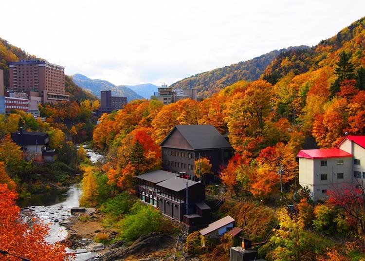 Colorful autumn leaves surround Jozankei Onsen