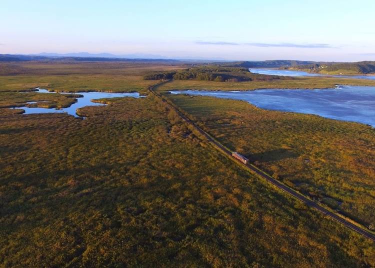 The train runs through Japan's largest marshland (Semmo Line between Toro and Kayanuma)