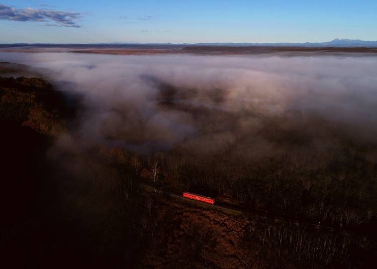 An incredible view of the train running through the fog (Semmo Line between Hosooka and Toro)