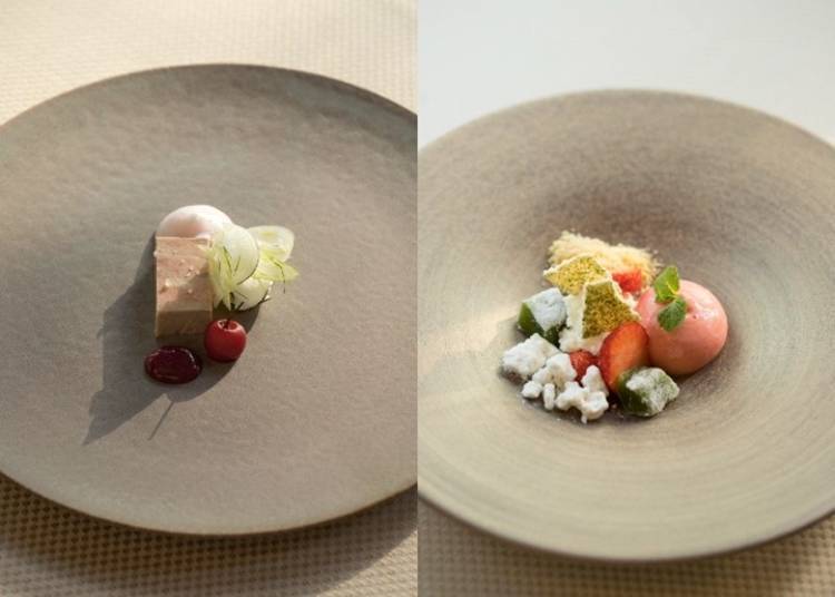 ▲料理範例。左：法式鵝肝凍、櫻桃果凍／右：草莓、白巧克力、抹茶麻糬（照片提供：Chimikepp Hotel）