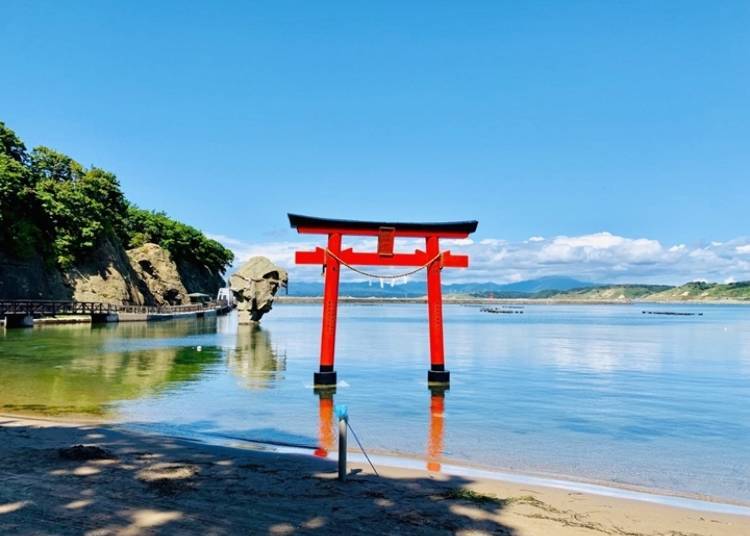 The torii is about 6m high and 5m wide. (Photo courtesy of Esashi Tourism Convention Association)