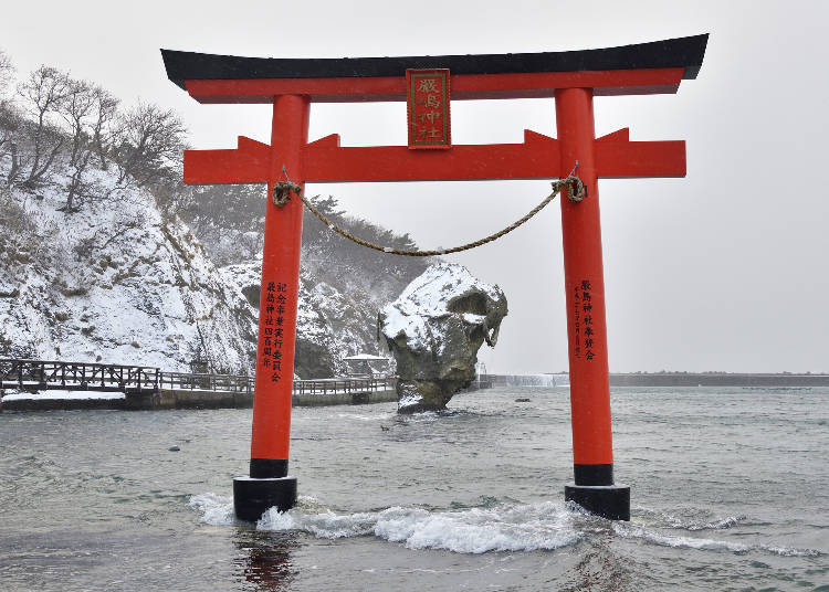 We also recommend the winter scenery! The red torii looks great against the snowy backdrop. (Image: PIXTA)