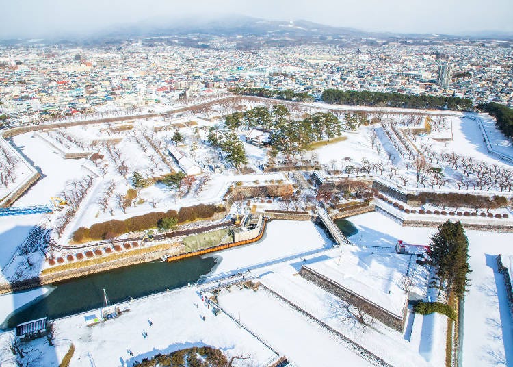 The Snow-Covered Goryokaku Park & the Shadow of Goryokaku Tower (Photo: PIXTA)