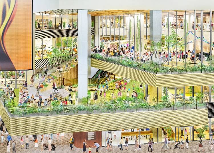 The spacious, open areas of the indoor and outdoor plazas planned for the 2nd and 3rd floors. (Photo: Tokyu Land Corporation)