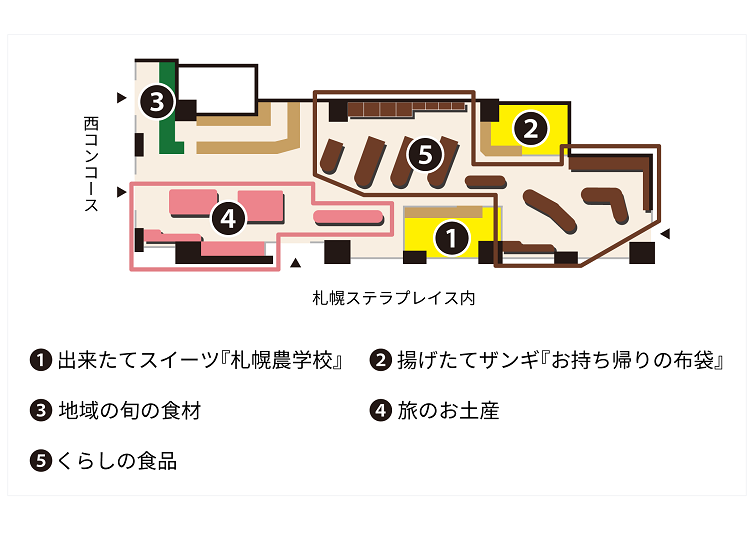 ▲北海道四季マルシェのフロアマップ。店内は大きく5つのブロックに分かれています（写真提供：JR北海道フレッシュキヨスク）