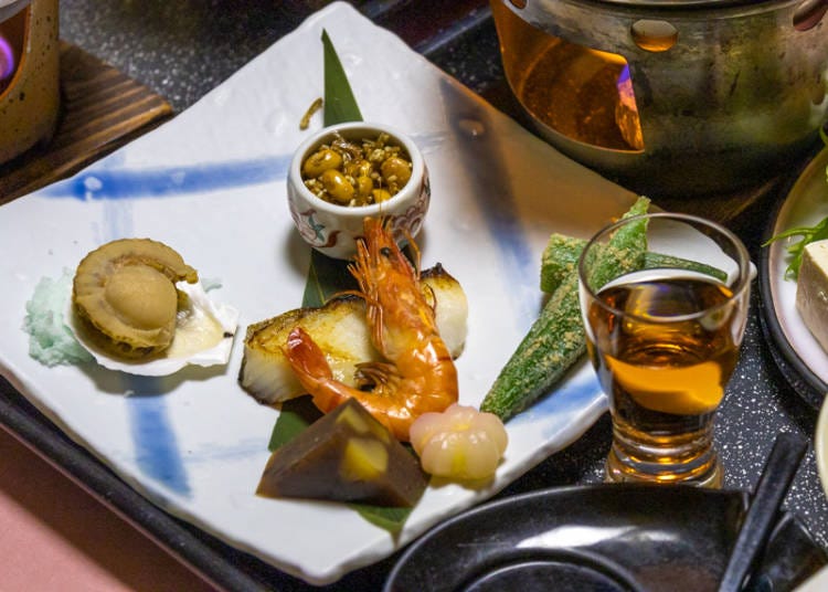 Assortment plate of grilled seafood and wagashi