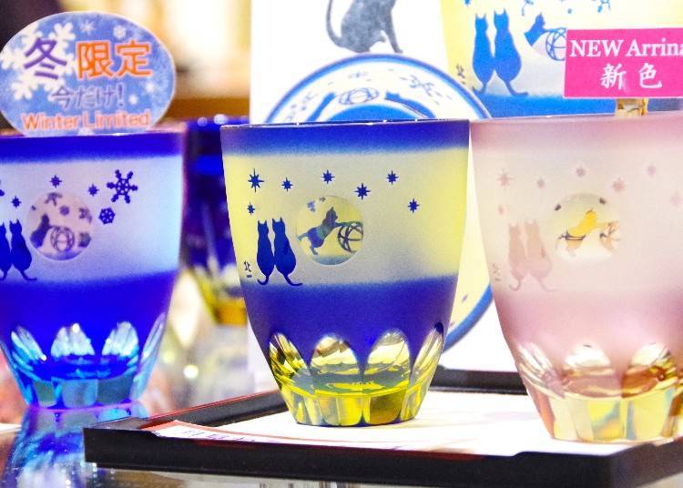 The Moon Viewing series features playful designs like cats against the backdrop of a round moon, adding beauty and whimsy to the glassware.