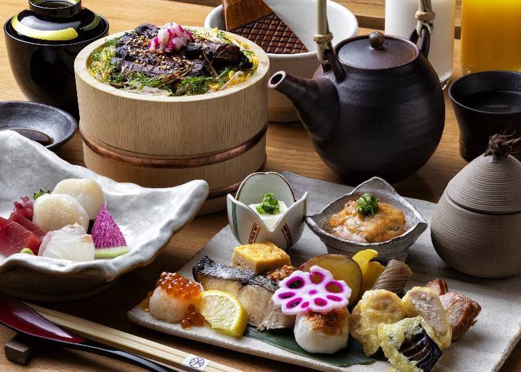 Example of the breakfast set, which includes hokke hitsumabushi (top left), sashimi (bottom left) and hassun, a seasonal assortment (bottom right).