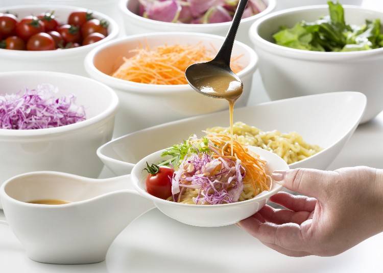 Serve salad over the noodles, drizzle with dressing, and your ramen salad is ready to enjoy!