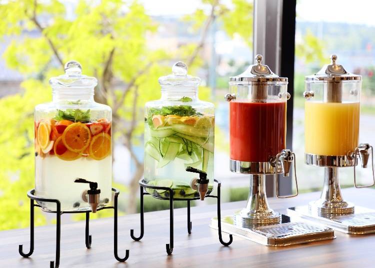 A comprehensive selection of beverages, including detox water and organic tea.