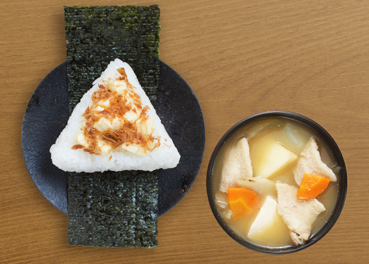 Cheese Katsuo (left) and Pork Miso Soup (right) (Photo credit: Onigiri no Arinko)