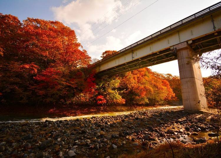 The mountains along the way showcases stunning fall foliage (Photo courtesy of Fukushima Town).