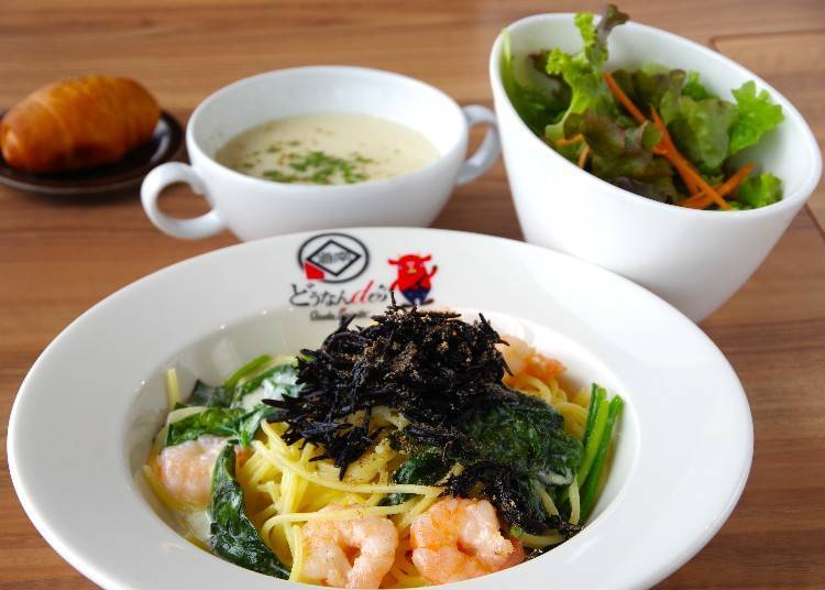 Yuzu Pepper Cream pasta with local hijiki seaweed and spinach from Kikonai.