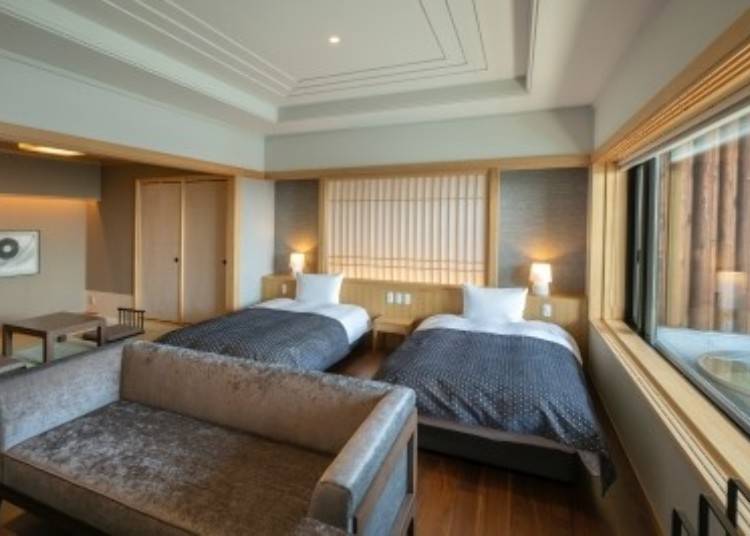 Some rooms include private onsens, allowing guests to enjoy the ultimate stay.