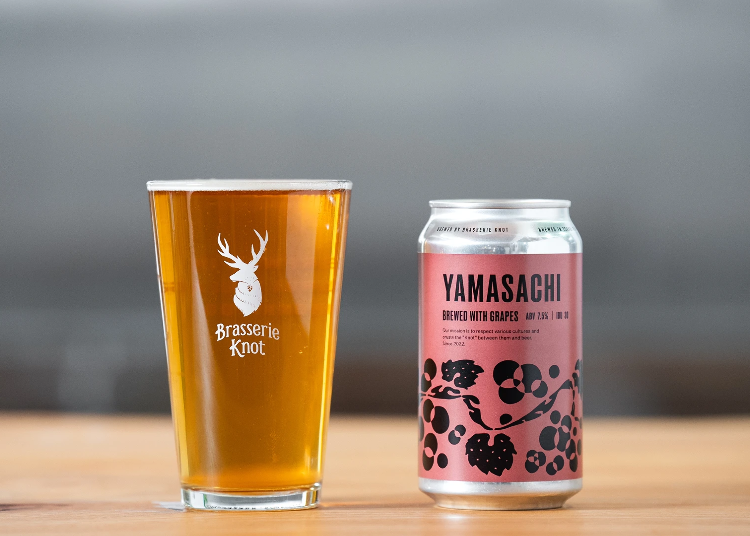 ▲레드 와인용 품종인 '야마사치(山幸)'를 사용한 YAMASACHI 800엔 (360ml 캔)