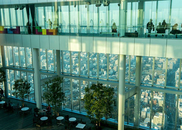 ▲ 60층의 "천장회랑 '는 전면 유리의 공중 회랑식. 아래에 보이는 층은 58층의 '하늘정원'